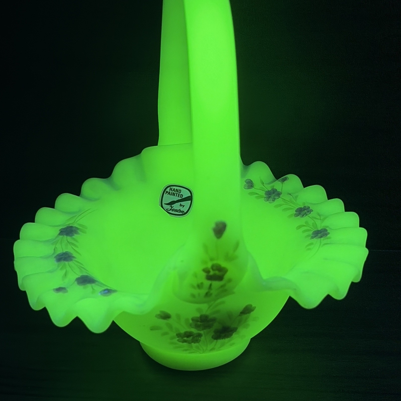 Fenton Vaseline Uranium UV Glow Satin Custard Ruffled Basket 8″ HP Signed USA