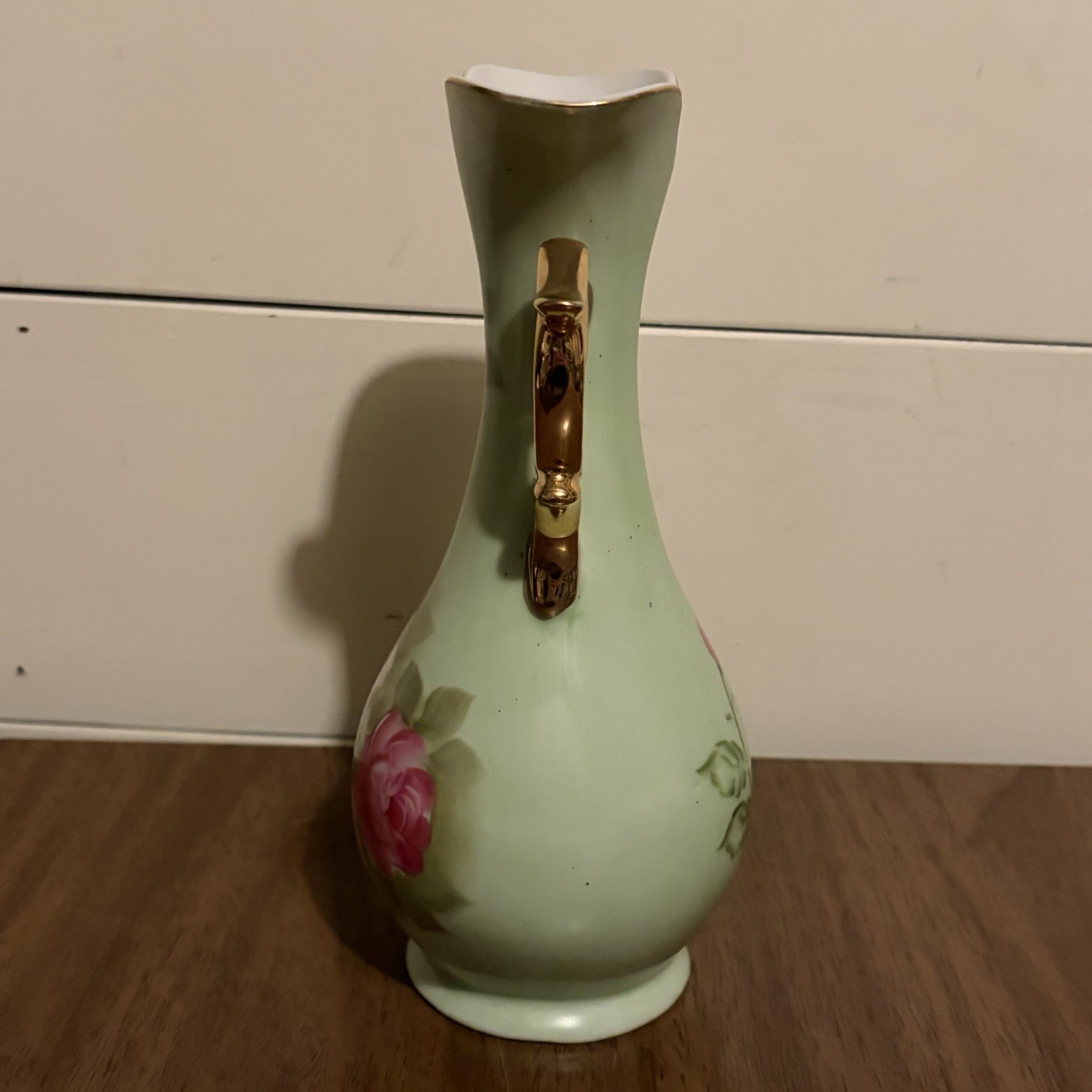 Lefton China Double Handled Vase Hand Painted Pink Roses 8.5” Pastel