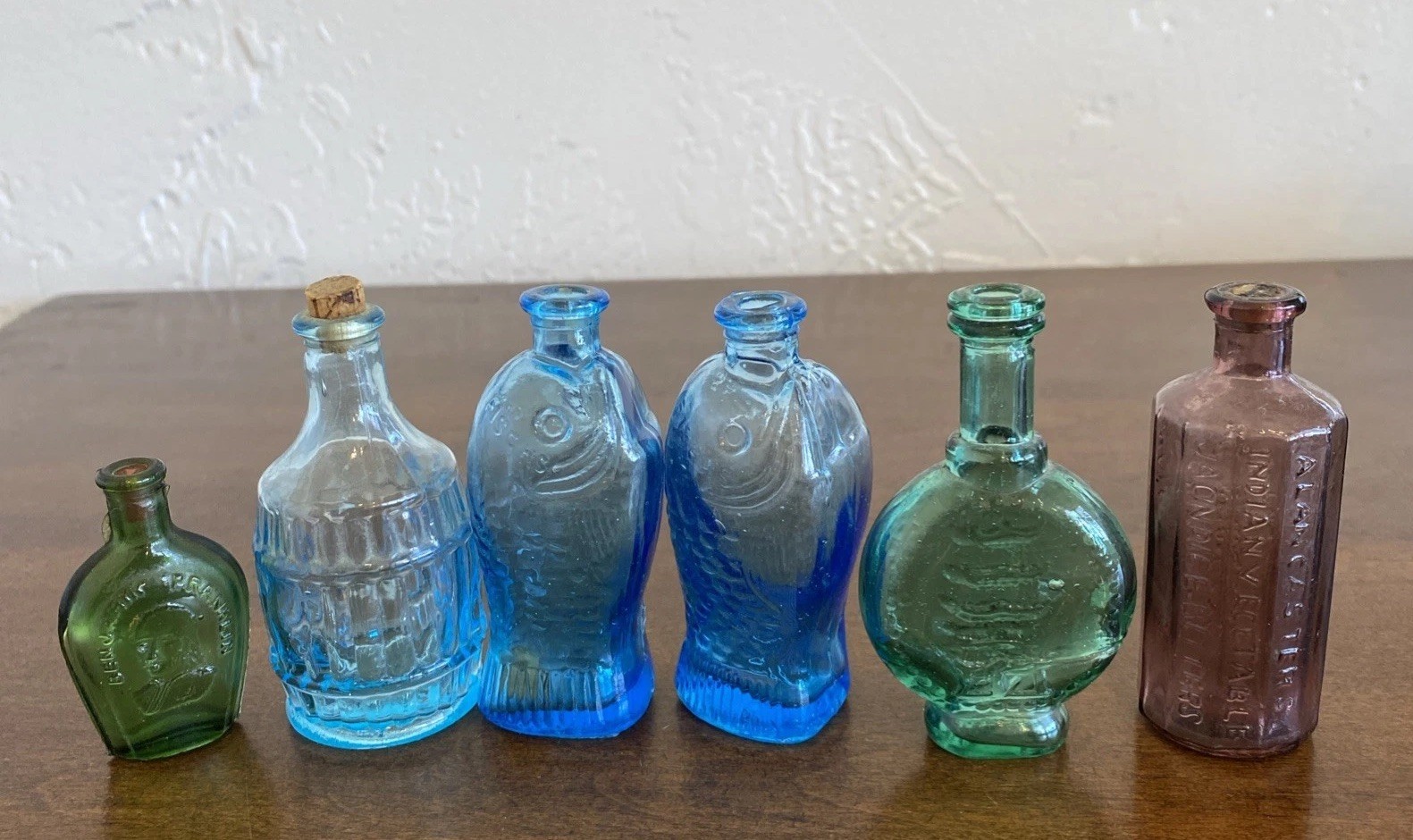 Vintage Inkwell & 3” Bitters Bottle Lot Of 7 Multi Colored One 2” Ben Franklin