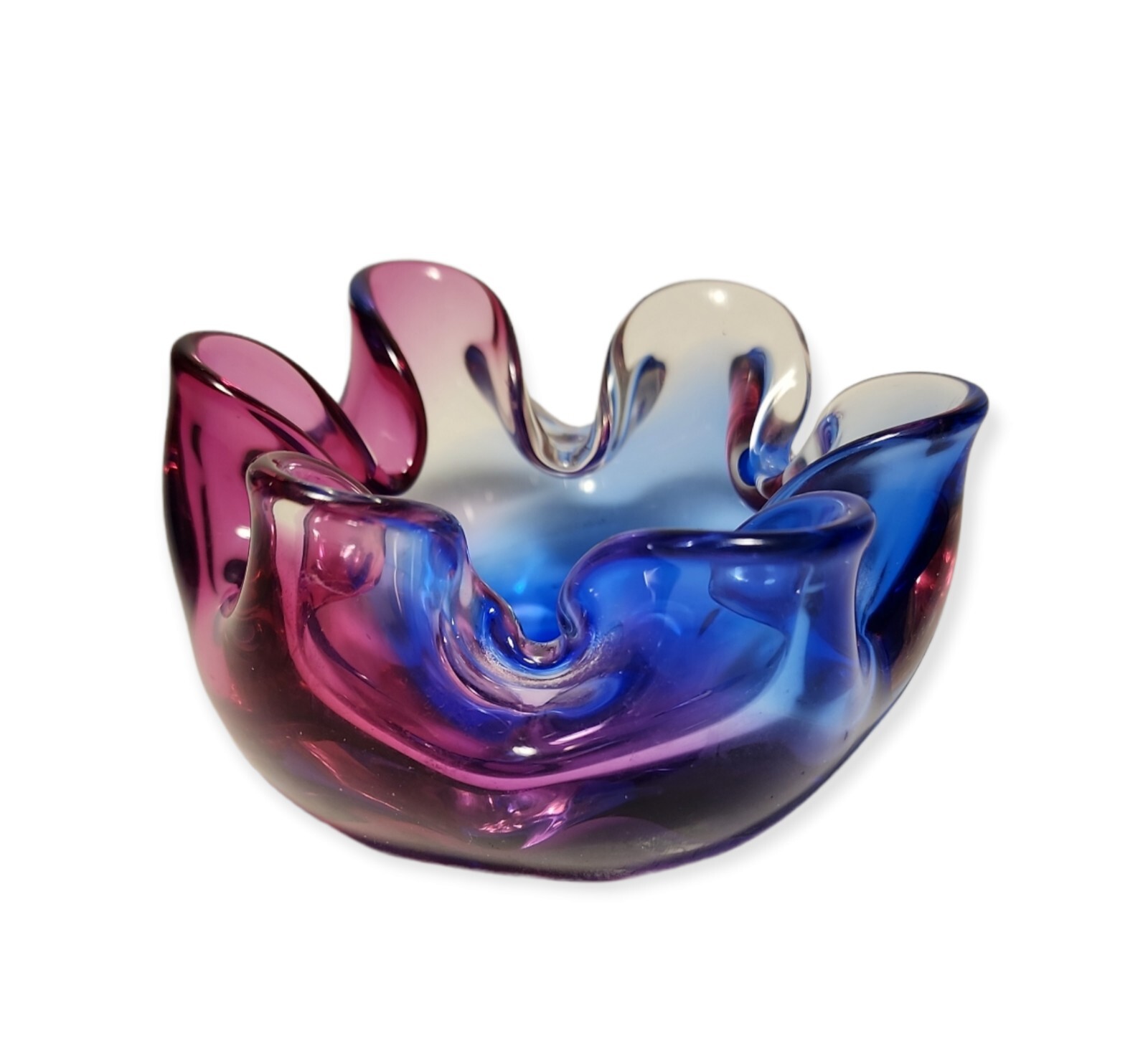 Murano Art Glass Dish Bowl Ruffled Rolled Edges Purple Blue 5″ Diameter