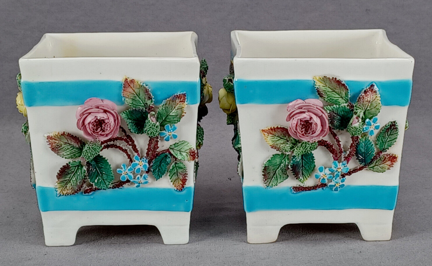 Pair of 19th Century British Rose Encrusted Turquoise Bone China Small Cachepots