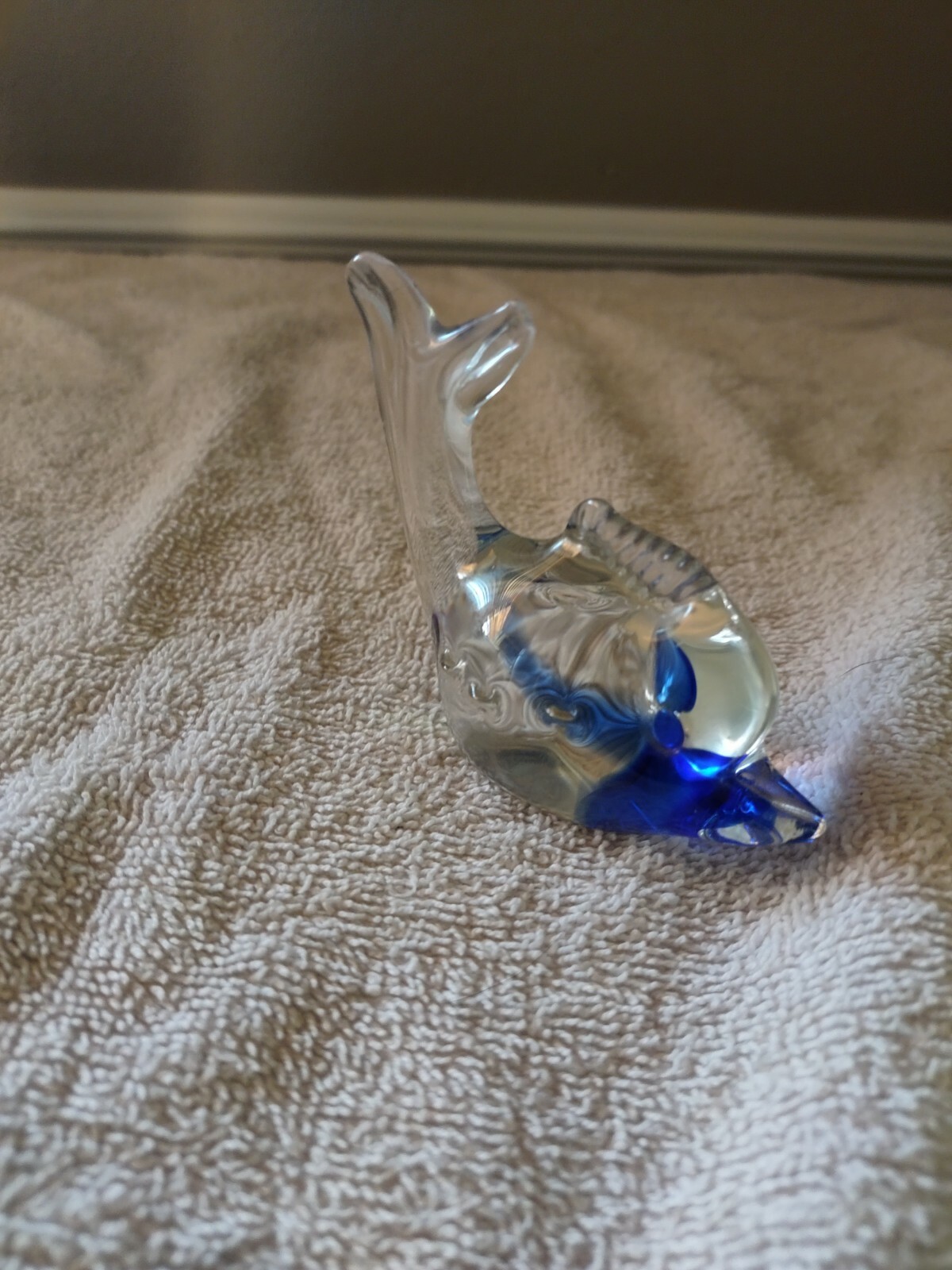 Hand Made Blown Glass Clear And Blue Fish Figurine