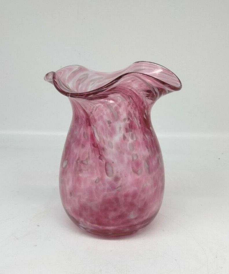 Cranberry Pink Mottled Hand Blown Art Glass Vase Ruffle Rim 5.5 in