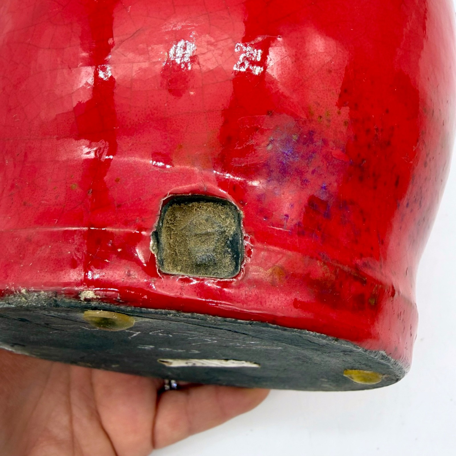 Signed 2003 Modern Art Pottery Red Glaze Vessel Textured Urn Abstract Sculpture