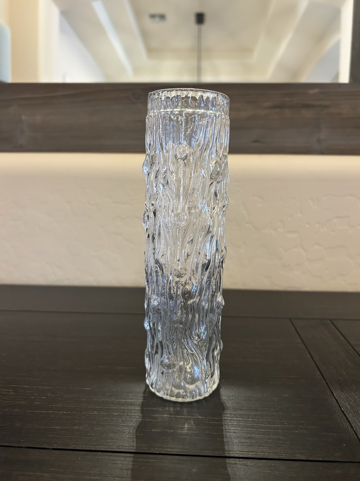 Vintage Clear Textured Bark Art Glass Cylindrical Vase
