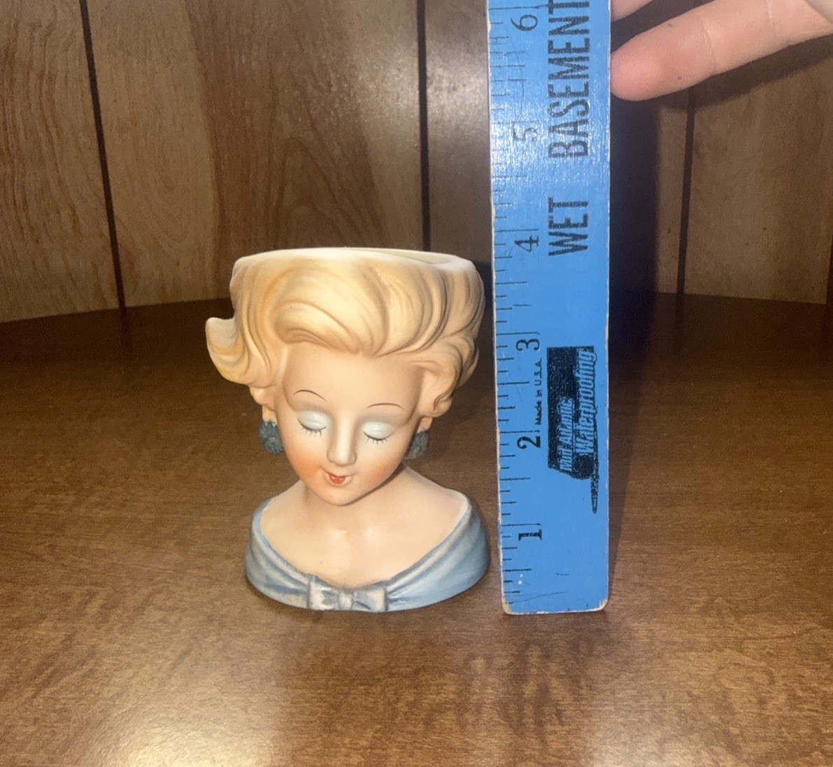 VINTAGE LADY HEAD VASE BISQUE NORLEANS STRAWBERRY BLONDE IN BLUE MINI 4.5”