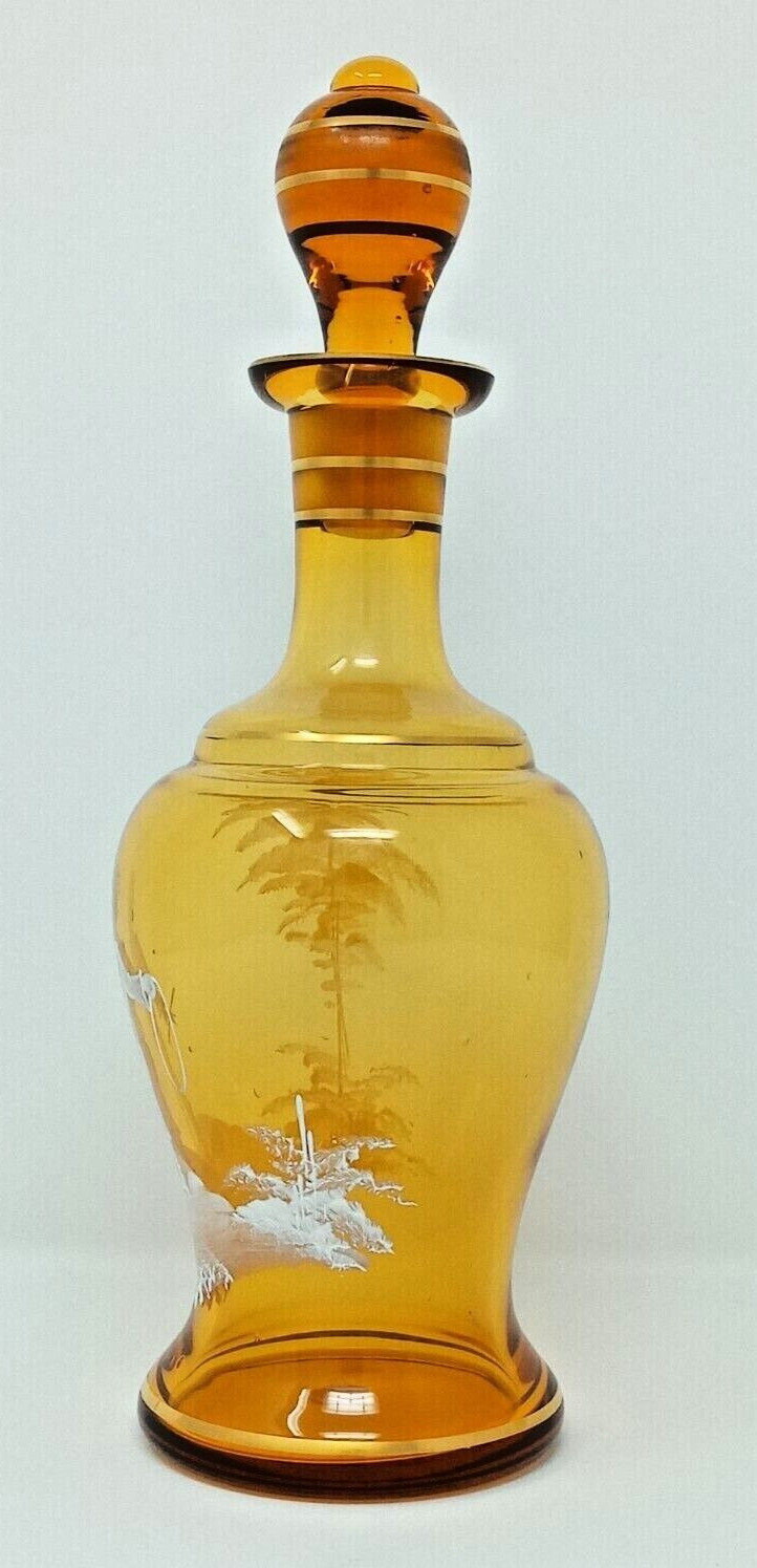 Amber Glass Decanter West Germany Mary Gregory style Ground-in Stopper gold euc