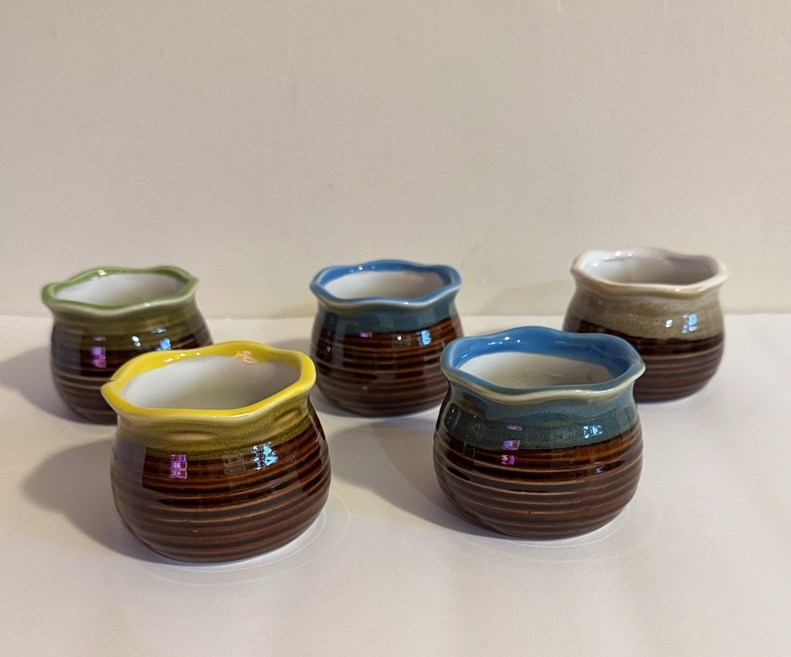 (5) Vtg Drip Glaze Stripes Pottery Mini Planters Succulents Plants