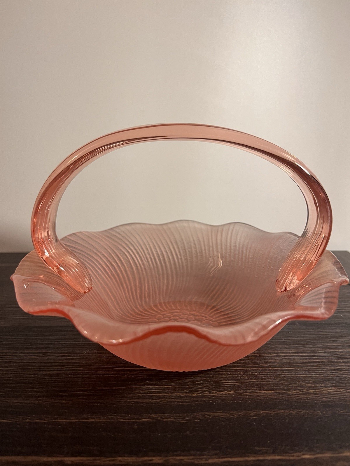 Laslo for Mikasa Vintage Candy Dish Basket Pink Ribbed Handle Frosted Underside