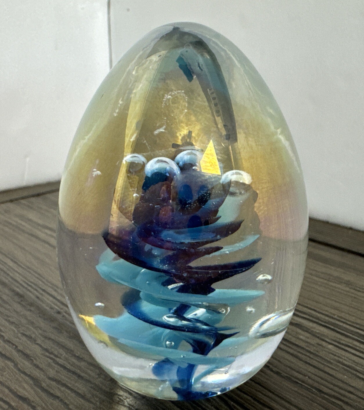 Glass Art Paperweight Iridescent Egg-Shaped Glass Bubble Signed ‘93 V