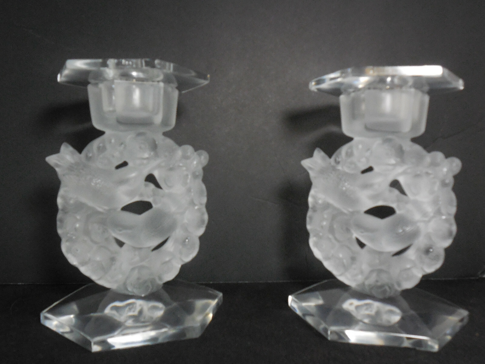 Pair of Lalique Mesanges Frosted Crystal Bird Candleholders with Bobeches