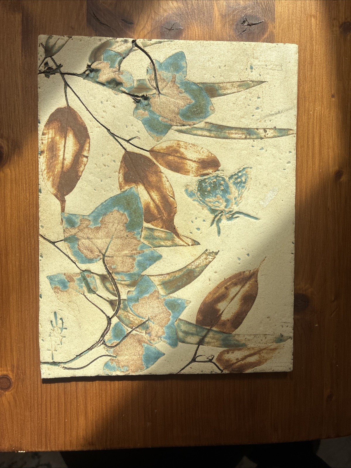 Vintage Mid Century Studio Pottery Botanical Tile Wall Plaque Signed Handmade