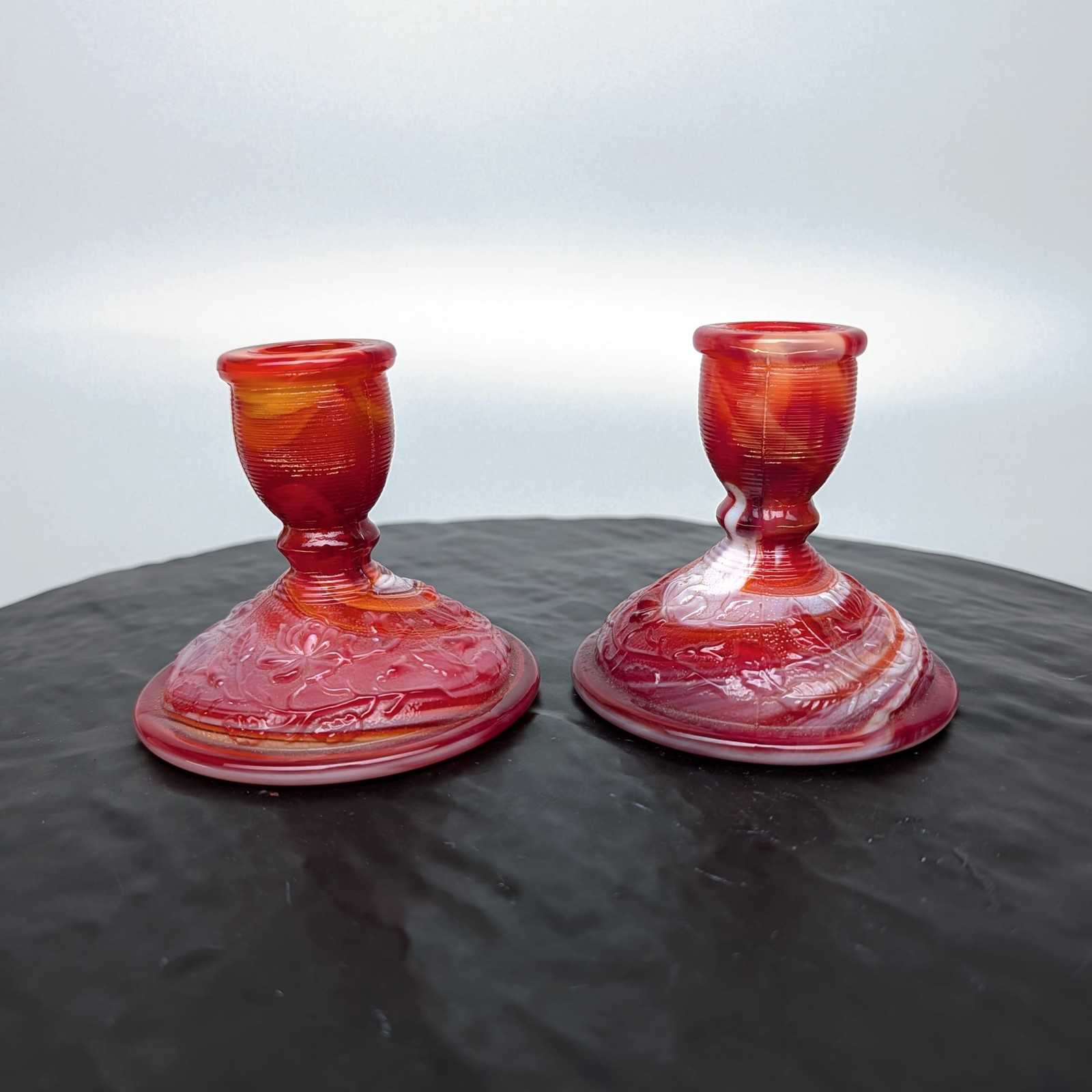 Imperial Red Slag Glass Candlestick Holders Vintage Grape+Leaf Swirl 2pcs 🔥