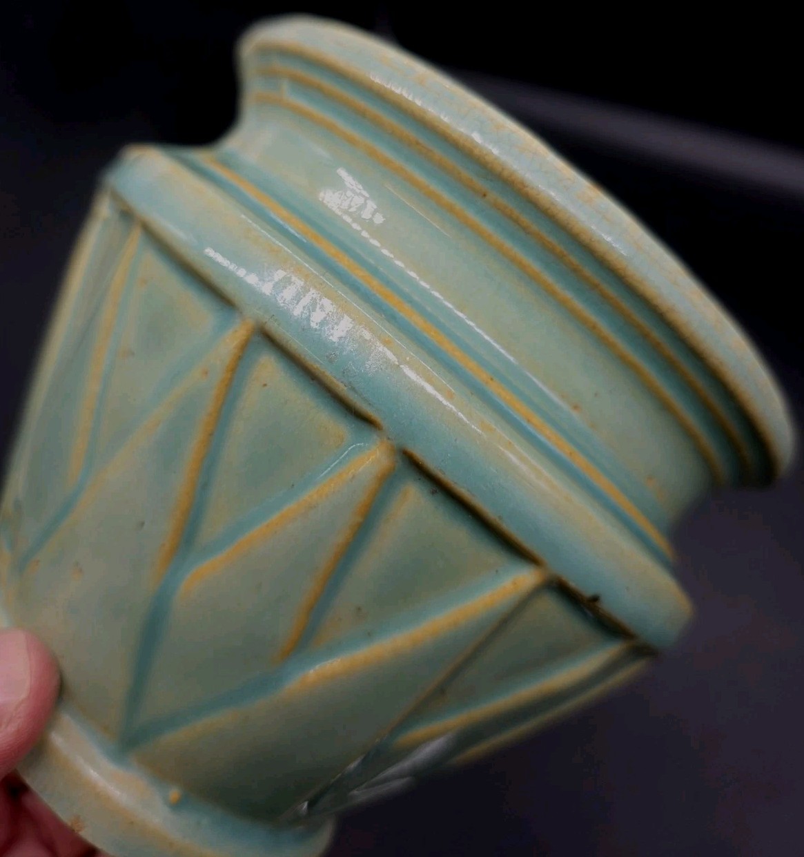 1920s McCoy Pottery Aqua Turquoise Sunburst Deco Cache Pot Jardiniere 4¼”