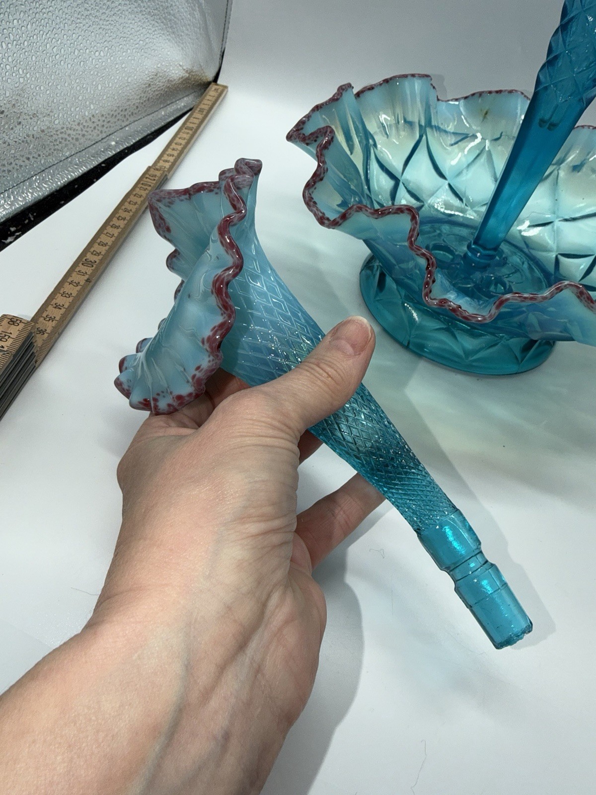 Vintage Epergne Northwood 4 Horn Opalescent Blue Red Frit Stunning READ RARE