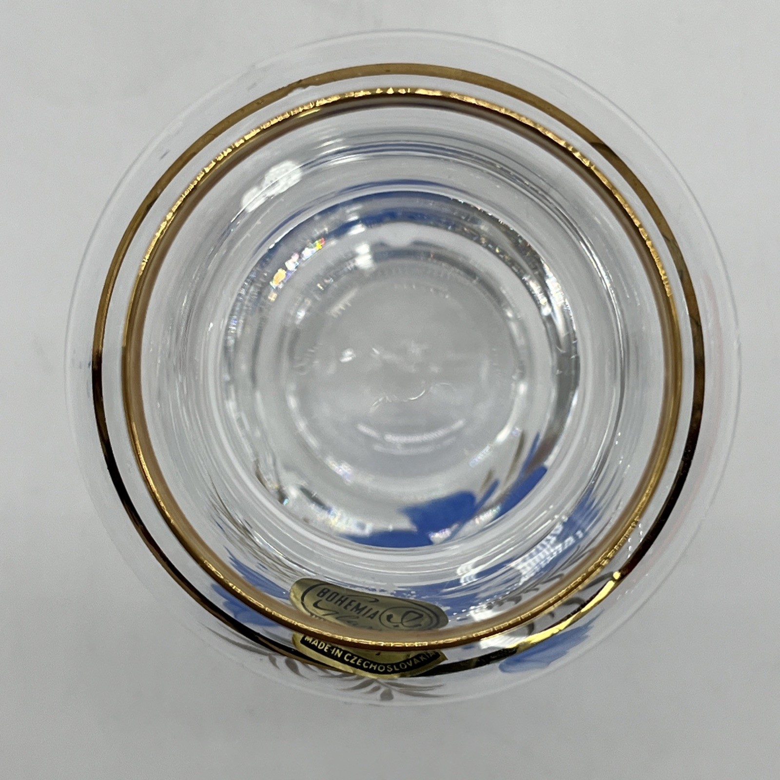 Bohemia Glass Hand Painted Vase 4.75 Inches Blue & White Flowers Gold Trim VTG
