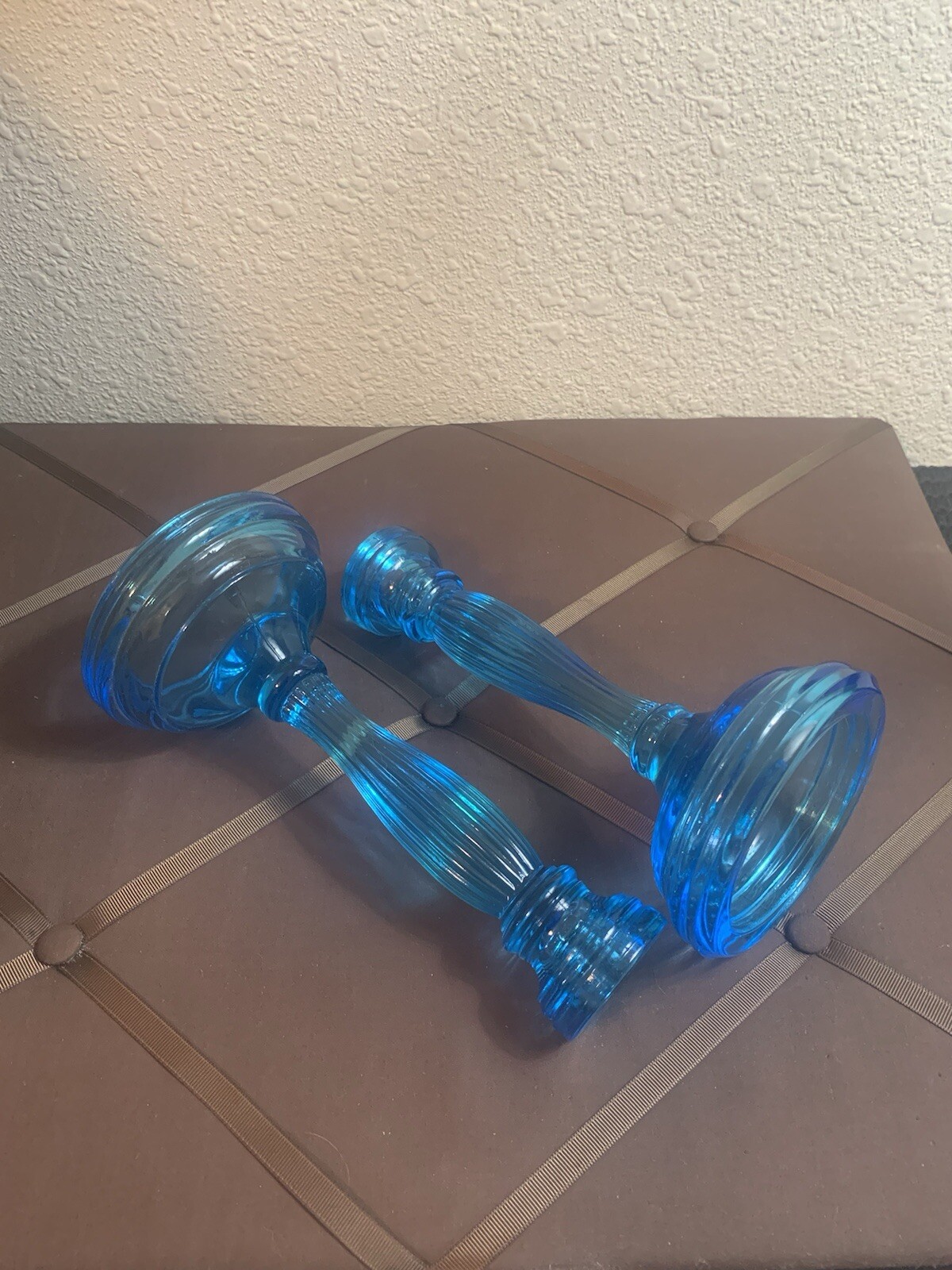 Fostoria Tiara “Duchess” Horizon Blue Candlestick Holders (Set Of 2)