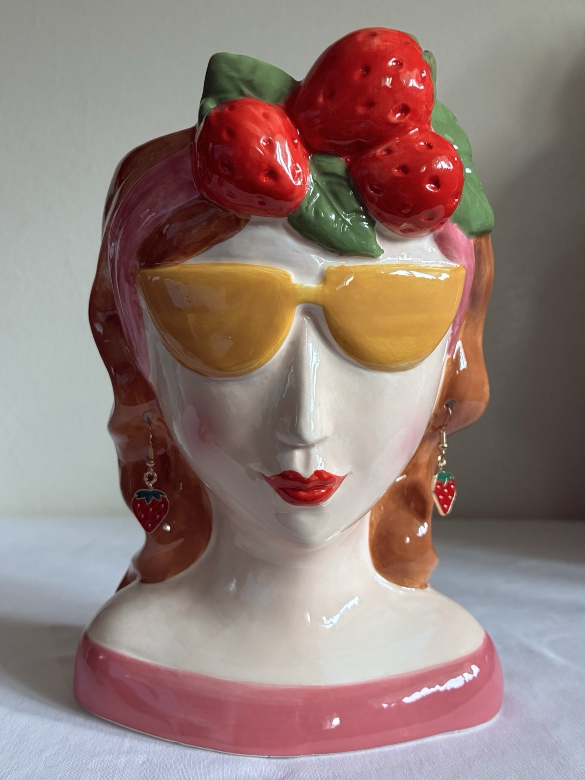 Strawberry Lady Head Ceramic Vase Planter with Yellow Sunglasses & Earrings