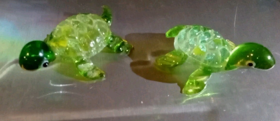 2 Green Blown Glass Sea Turtle Figurines Miniature