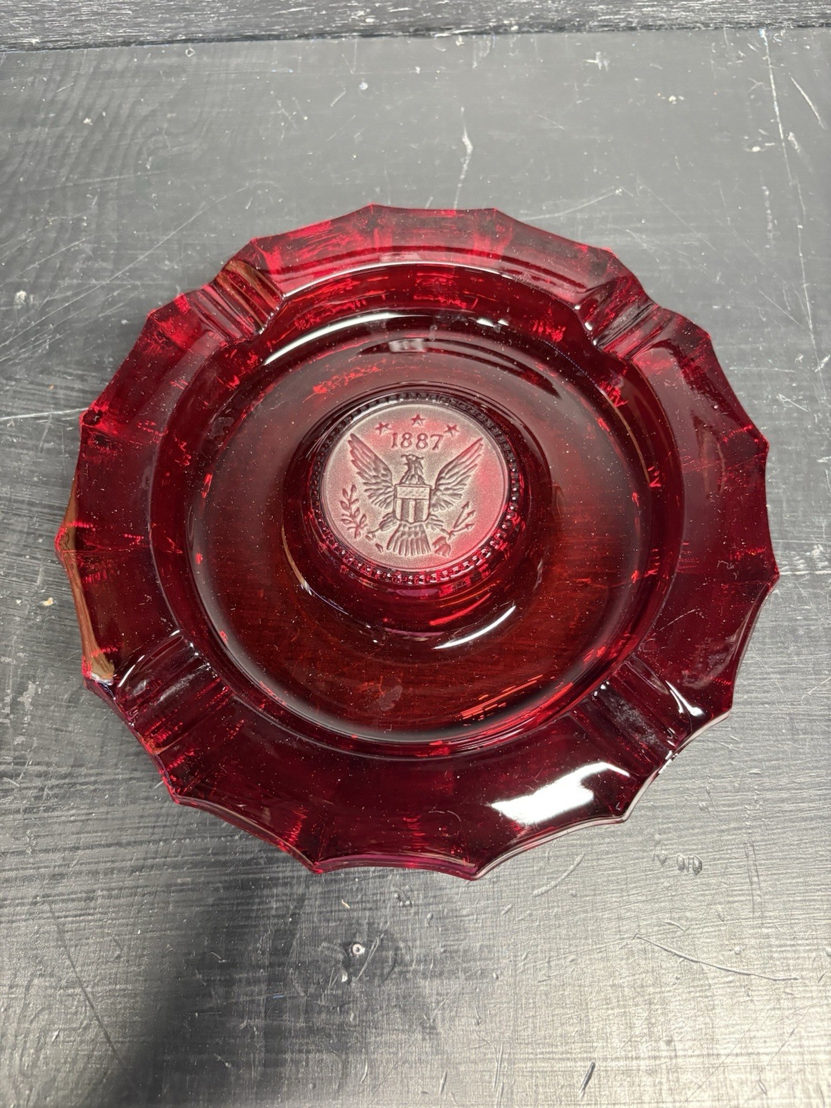 A Beautiful Vintage Ruby Red Fostoria 7.25” Glass Ashtray 1887 Coin Dot Design.
