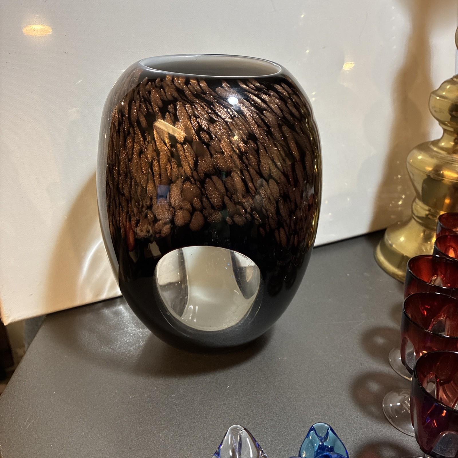 Murano Style Black, White, Copper Fleck Art Glass Vase Cased w/Oval Windows 8.5″