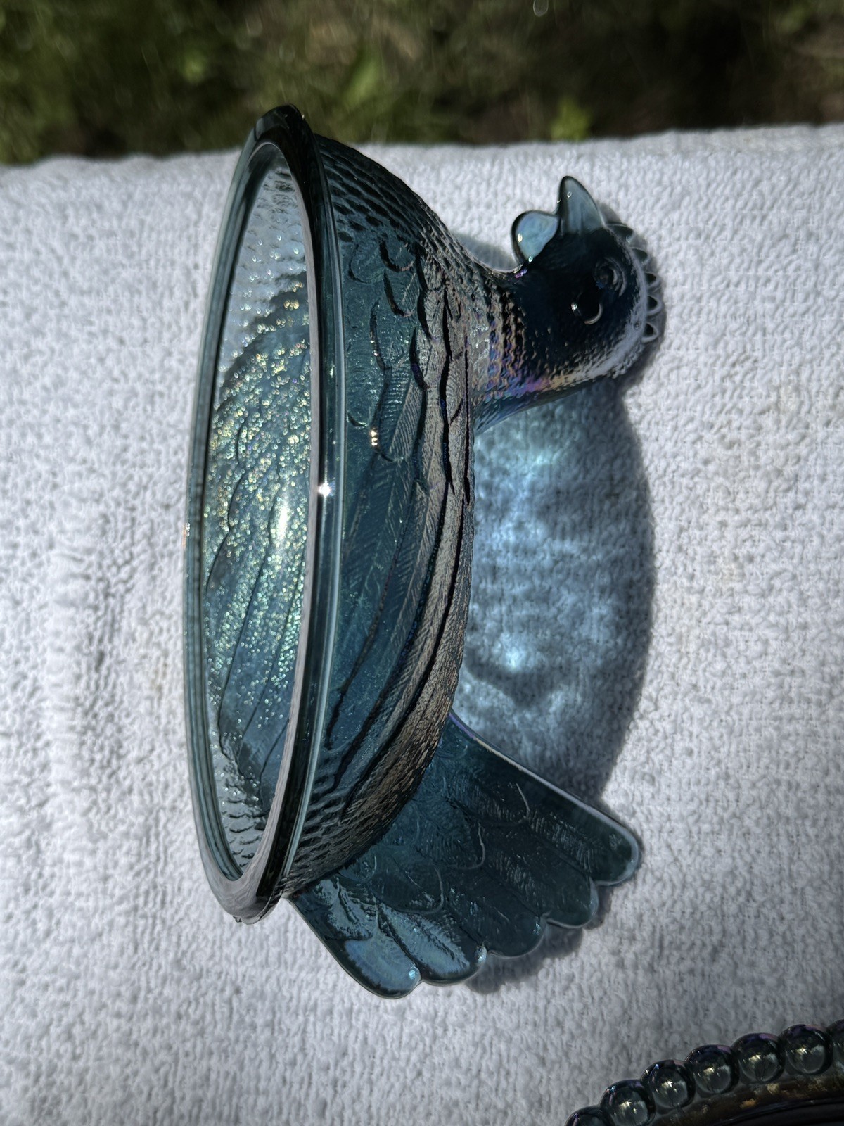 Indiana Glass Iridescent Blue Carnival Hen On a Nest Candy Dish 7″ Vintage