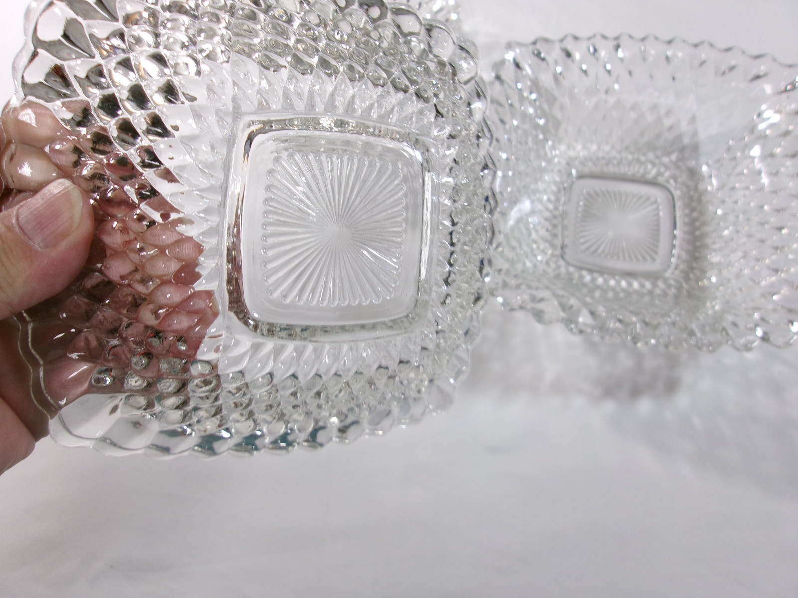 Set Of 3 Vintage Indiana Glass Square Ruffled Diamond Point 2-6 1/4″ & 1-8″