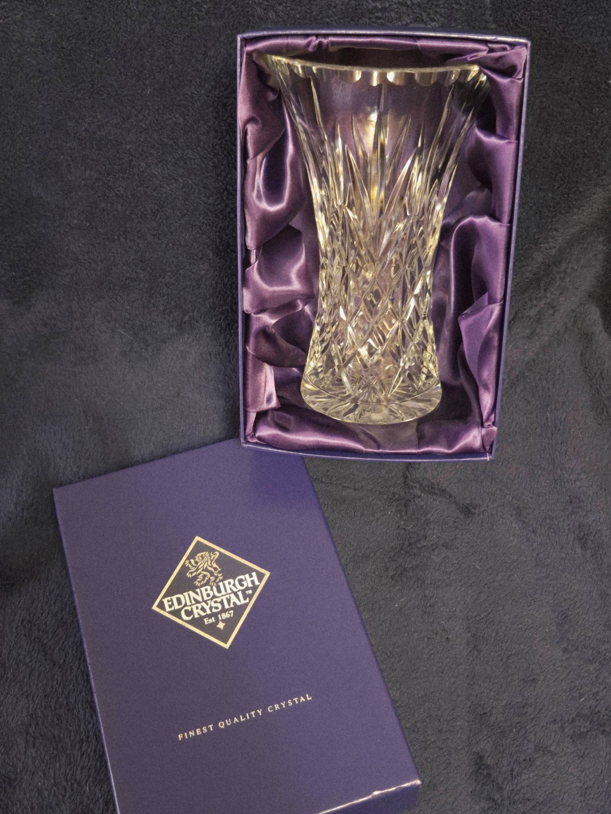 Edinburgh Crystal lead crystal vase 8″, top rim diam-5″, bottom diam-3″