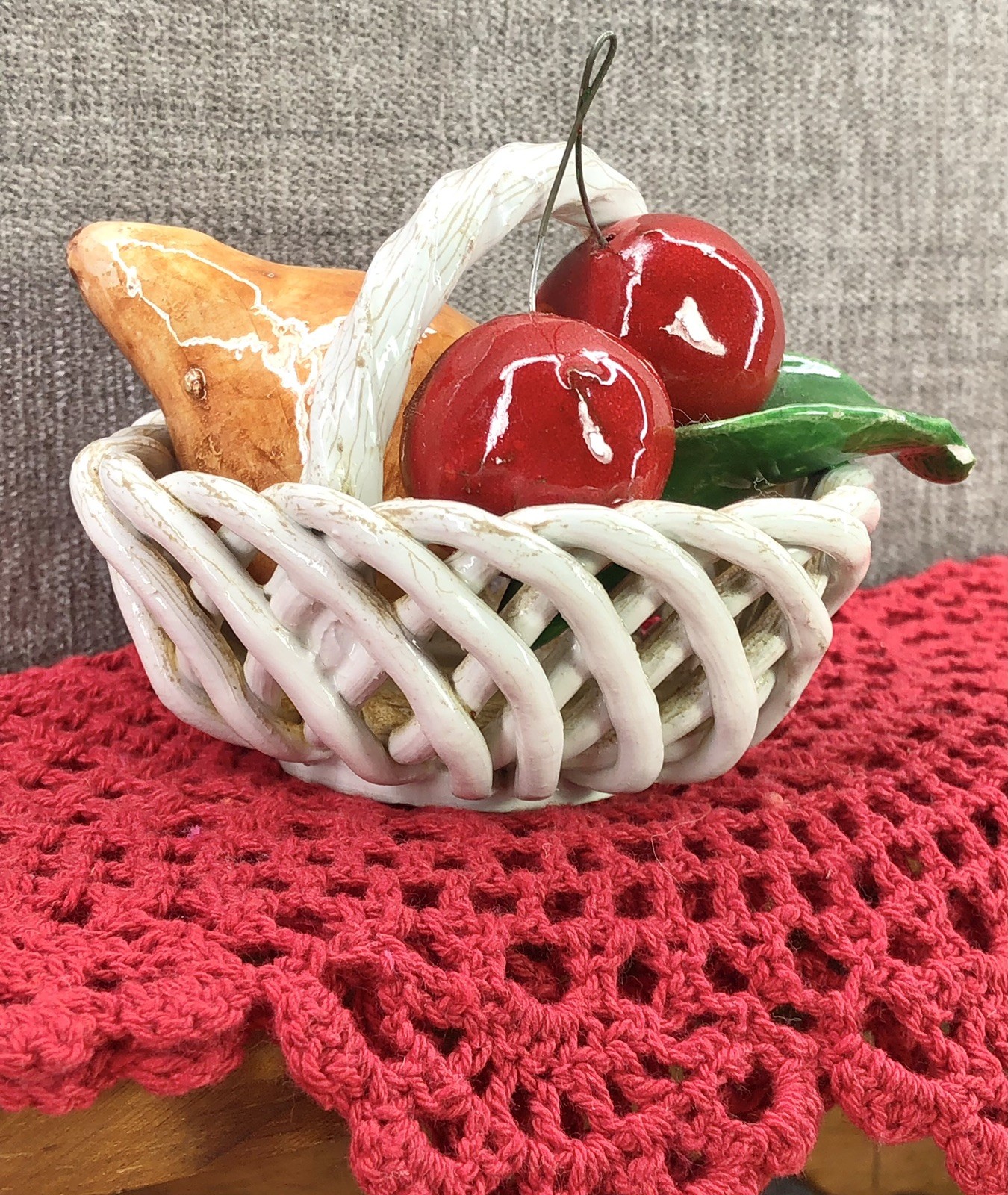 Italian Ceramic Lattice Fruit Basket Figurine Cherries & Pear 4″x3″ Vintage