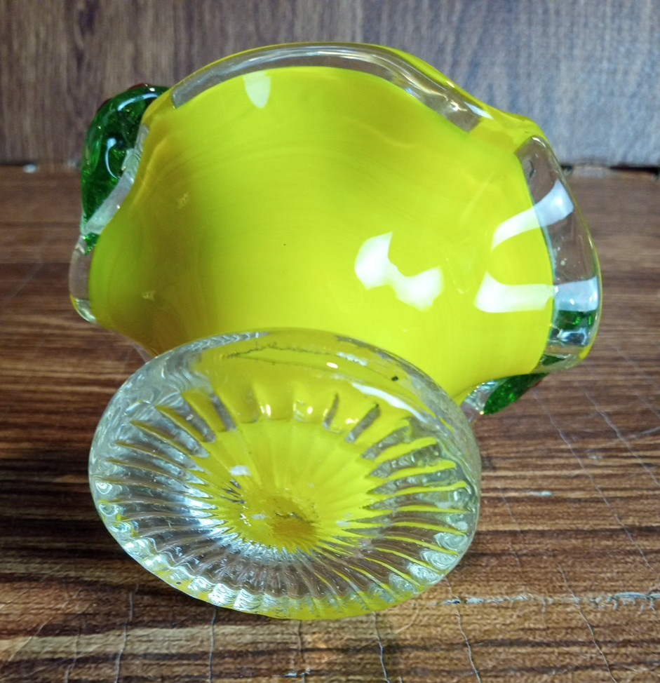 Hand Blown Yellow Basket With Handle, Red Flowers & Green Leaf, Clear Base