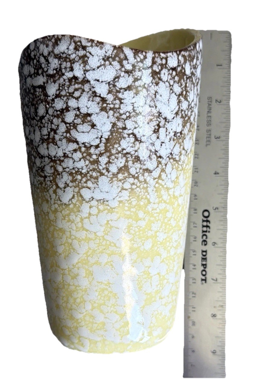 VTG MCM Yellow Brown Speckled Asymmetrical Vase USA Hombre White Splatter