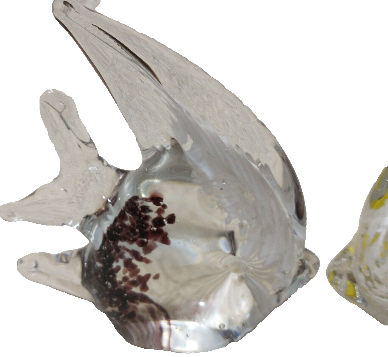 2 Art Glass Angel Fish Statue Clear Yellow White-Clear Black White Paperweight