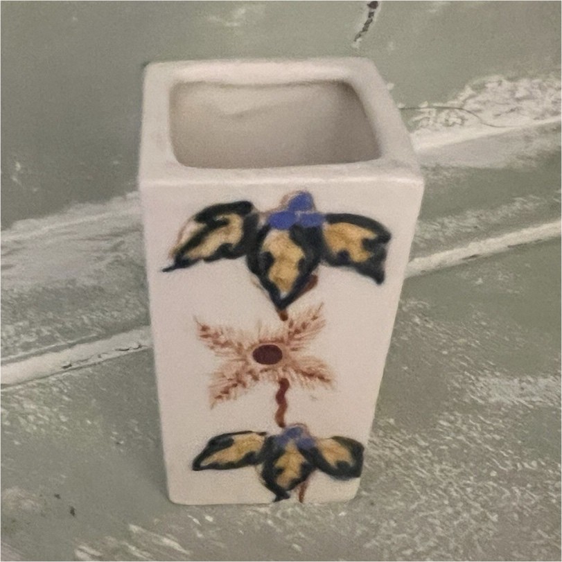 White Rectangular Vase with Hand-Painted Floral Pattern, Blue Yellow Brown