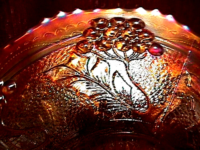 “HORSE MEDALLION” 7 5/8″ FLAT PLATE DARK MARIGOLD CARNIVAL GLASS BY: FENTON