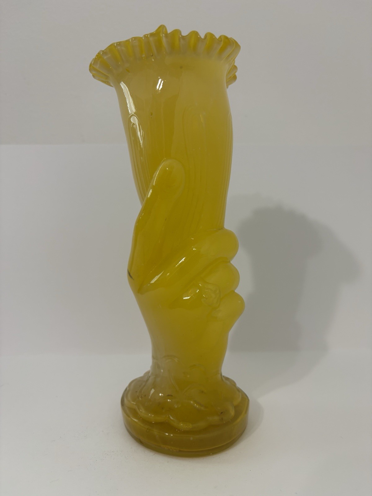 Antique Victorian Mold Blown Yellow Cased Glass Hand Pulpit Vase Ruffled Trim