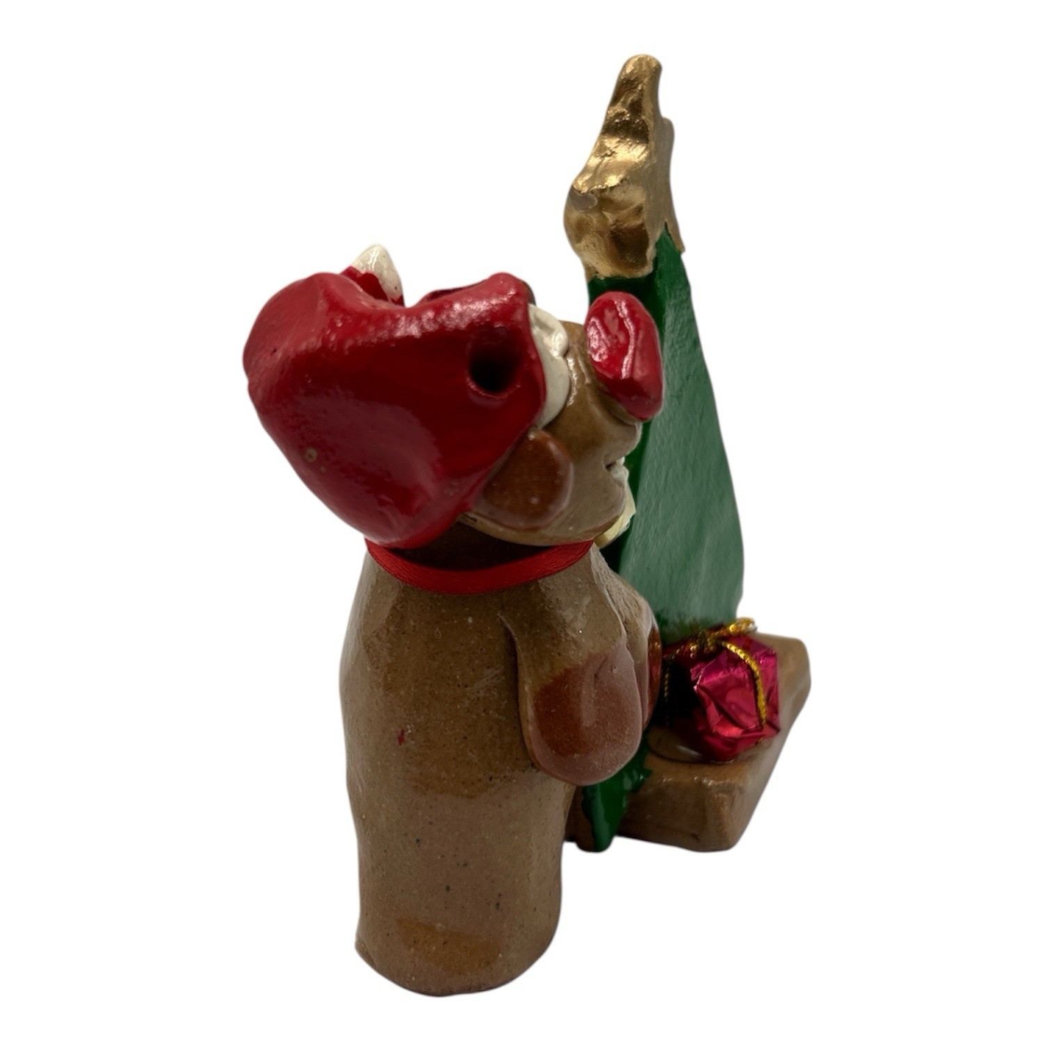 Nancy Hicks Folk Art Pottery Reindeer with Present Tree Bell Christmas Decor