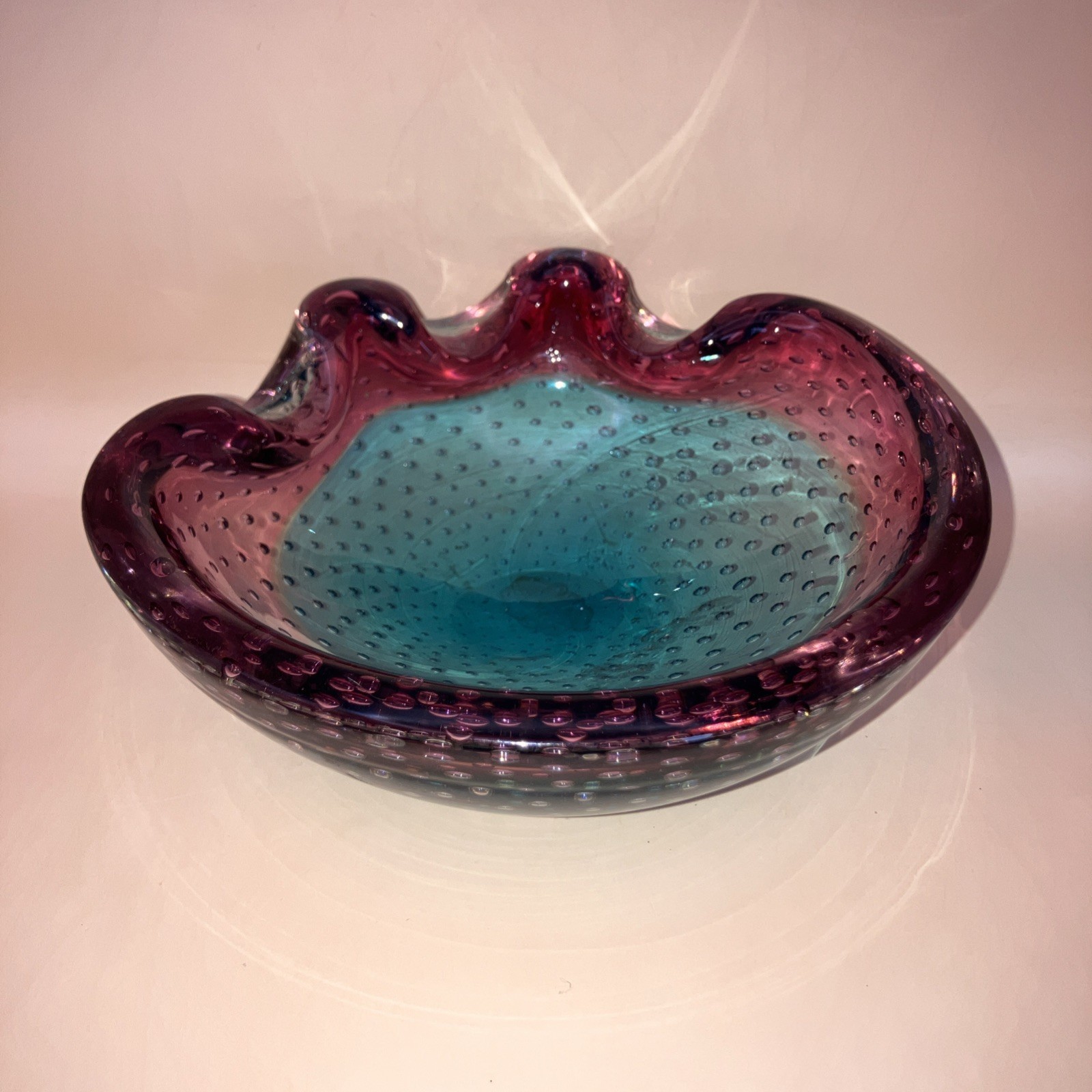Authentic MURANO Purple & Blue Venetian Glass Controlled Bubble Dish W/ Sticker!