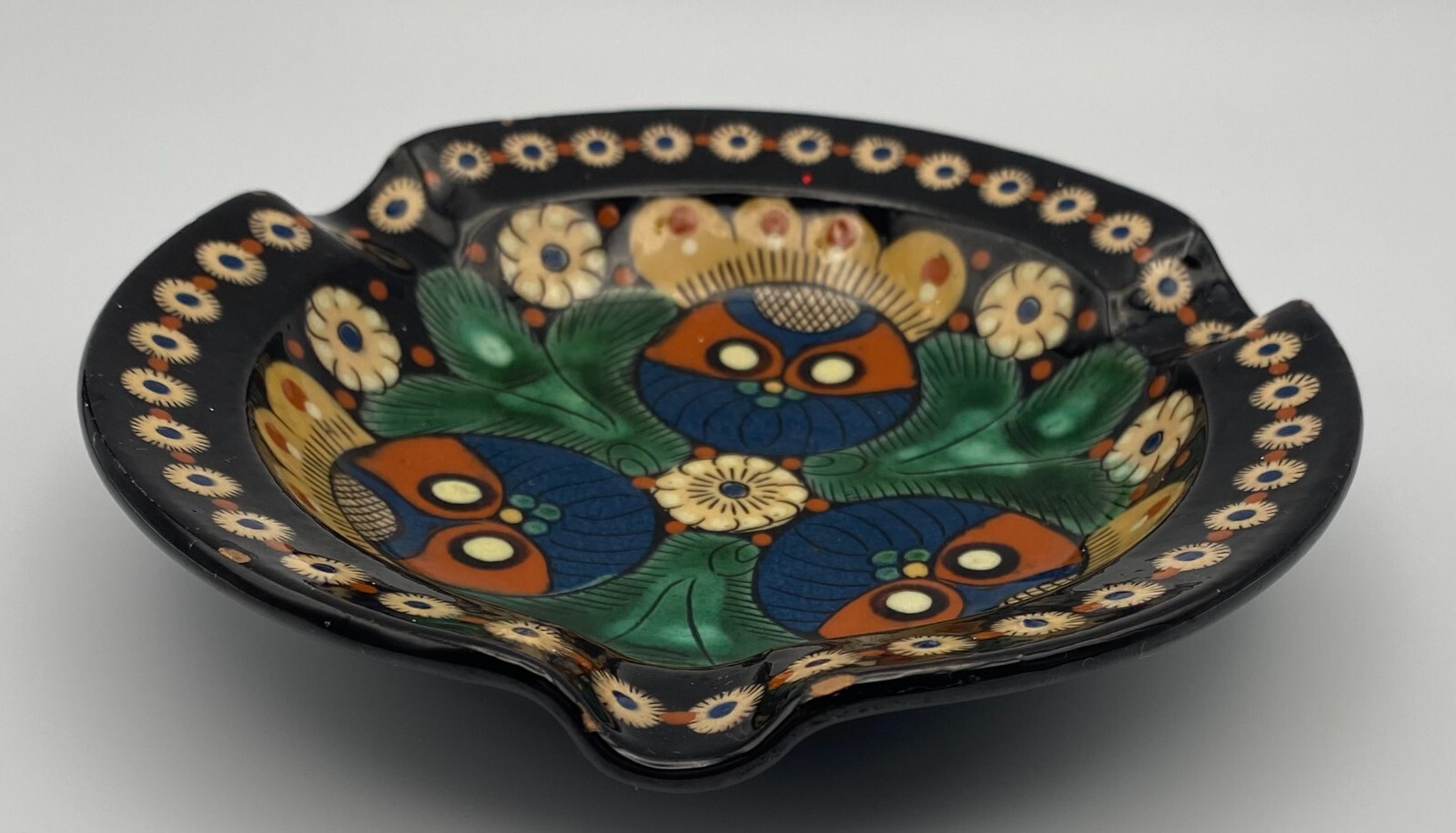 Vintage Thoune Switzerland Majolica Pottery Owl Ashtray Signed Steffisburg
