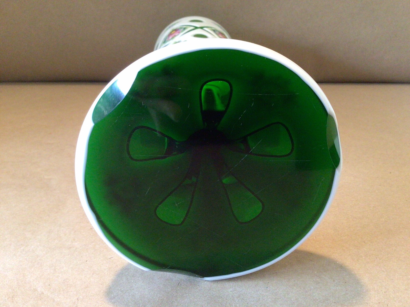 BOHEMIAN MOSER ART GLASS WHITE CASED CUT TO GREEN 15.5” COVERED FLORAL URN VASE