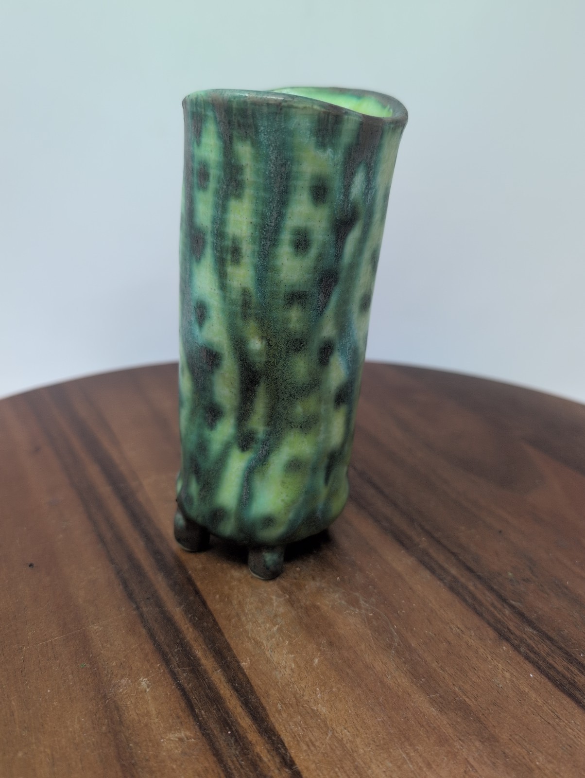 Green Whimsical Footed Polka Dot Studio Pottery Slab Vase Signed 2010