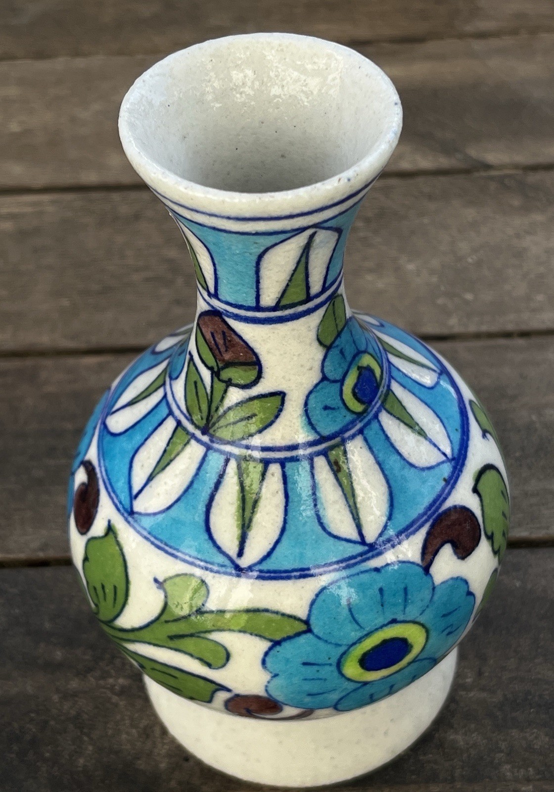 Vintage Jaipur Blue Pottery 5.5″ Floral Bud Vase Hand Painted India Folk Art