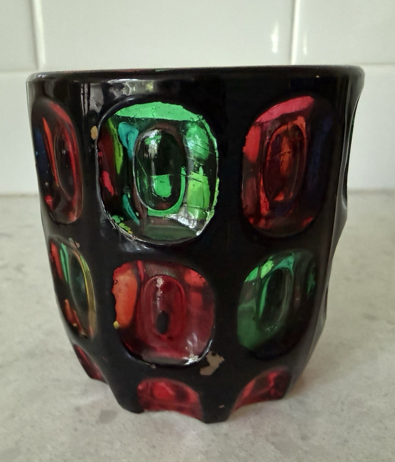 Vintage Japanese Bond Ware Glass Vase Votive Pressed Art Glass MCM Colorful