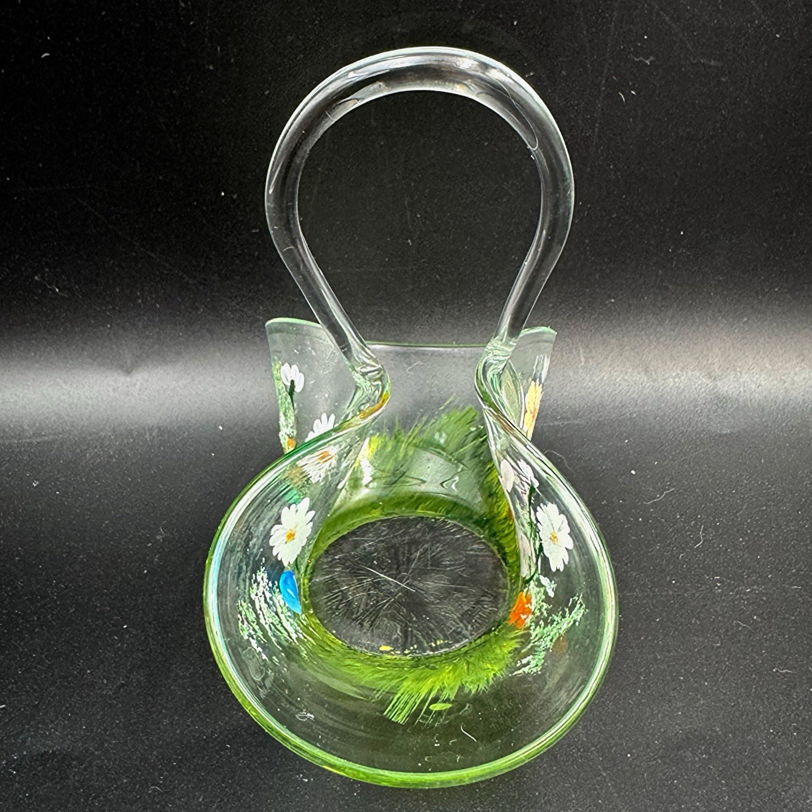 Vintage Hand Painted Signed Art Glass Easter Mini Basket Bunny Flowers Signed