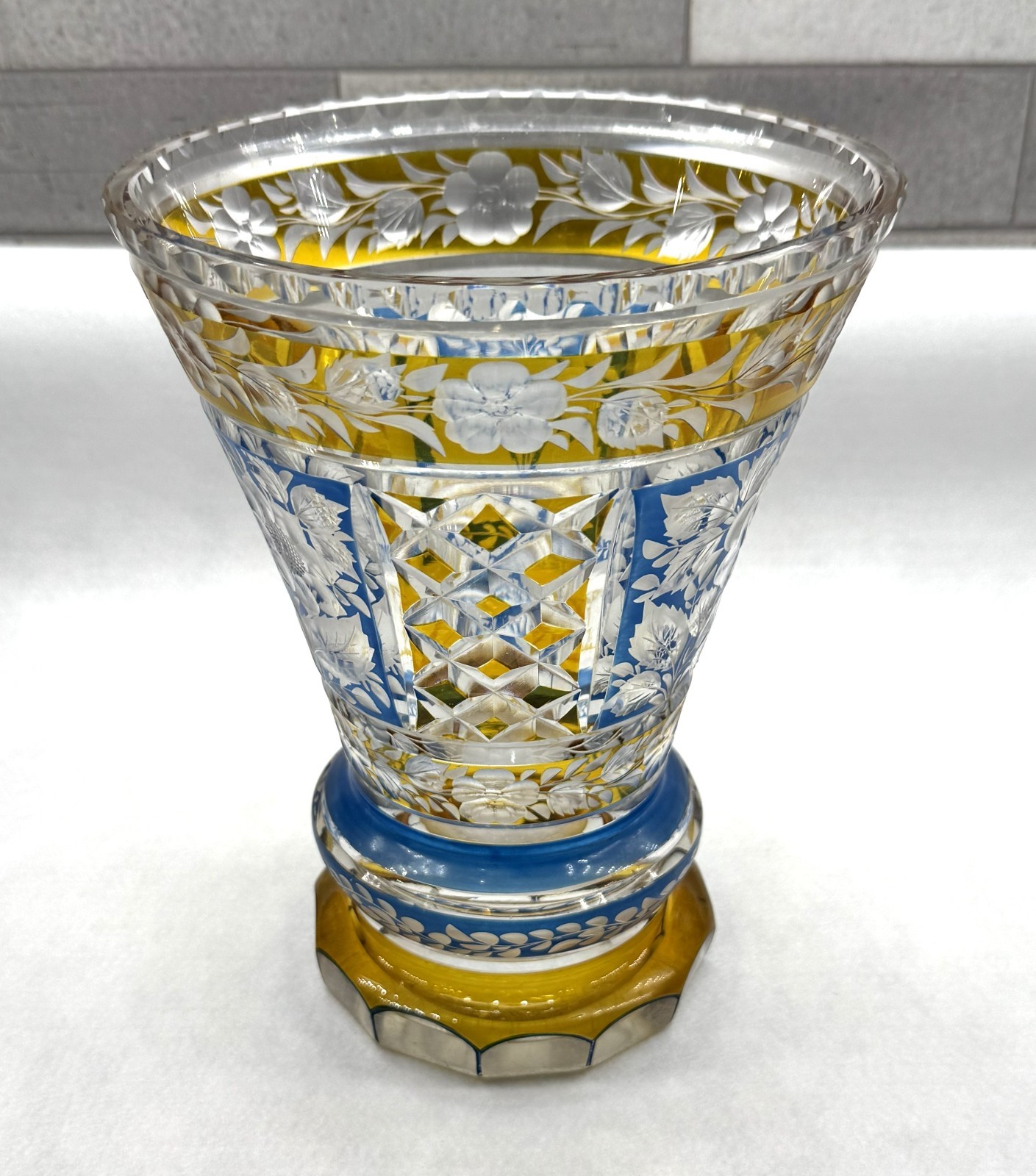 Vintage bohemian Cut To Clear crystal vase Amber Blue Yellow Floral