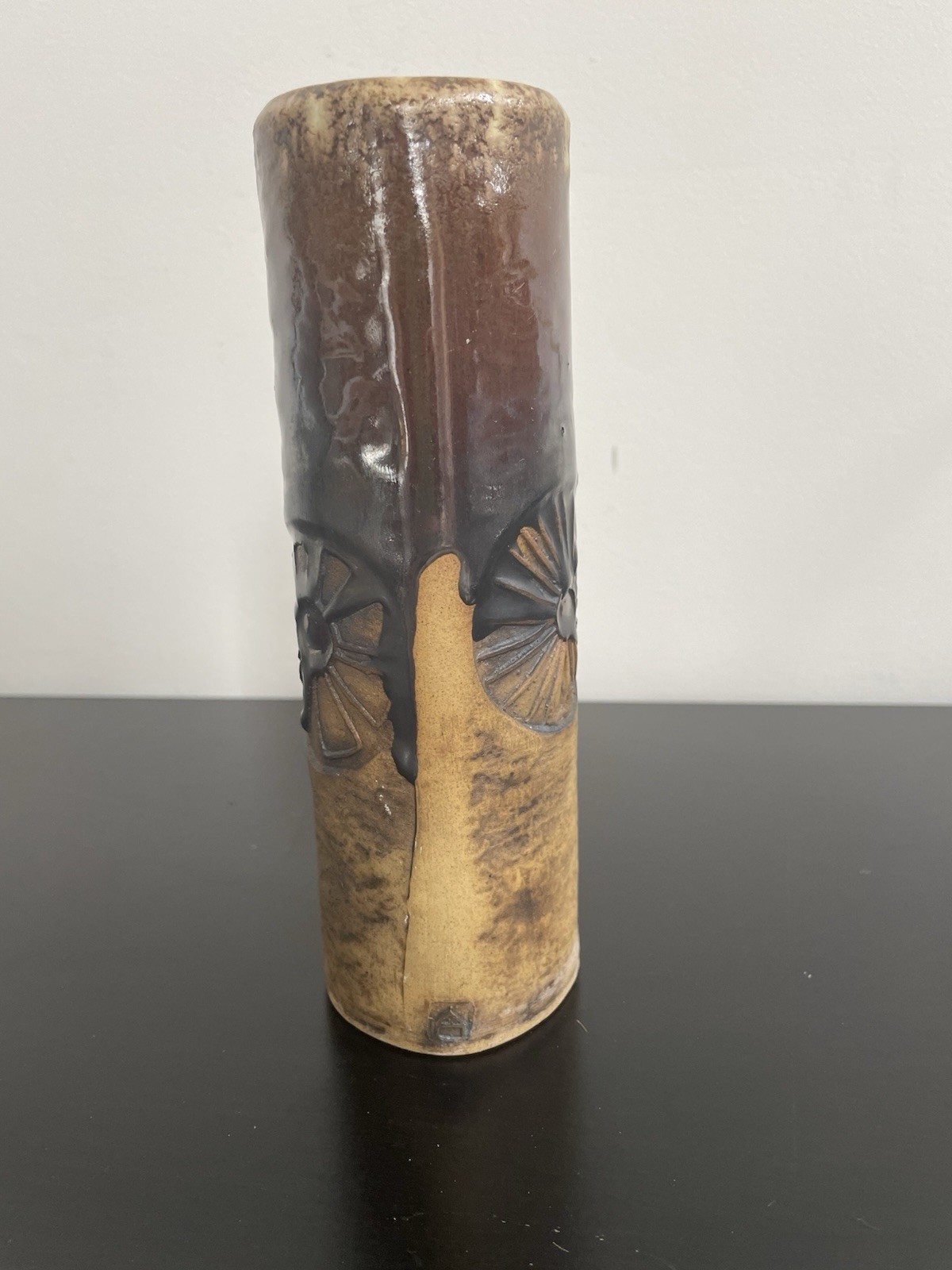 Vintage Unique Cylindrical Studio Art Pottery Vase 8” W/ Sun Images, Stamped