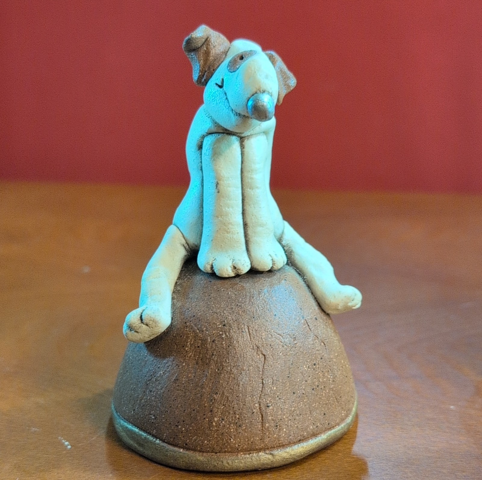 OOAK 1988 Art Pottery Bell Whimsical Dog Figurine Hand-Sculpted Clay, Signed