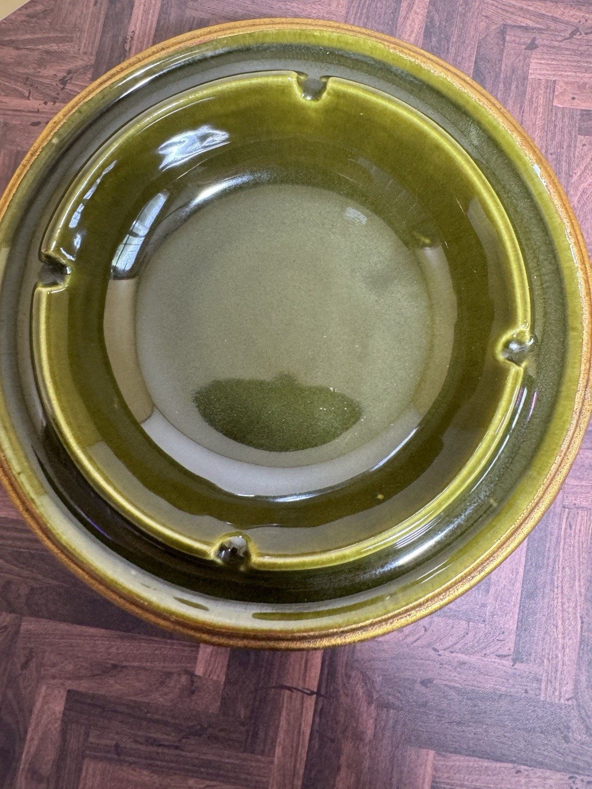 Freeman McFarlin Pottery 239 Avocado Green Gold Leaf Round Ashtray California