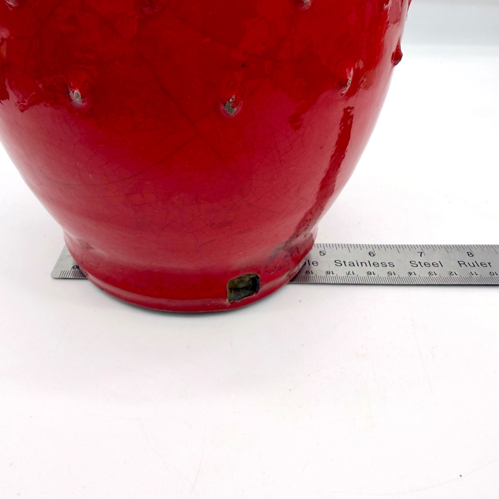 Signed 2003 Modern Art Pottery Red Glaze Vessel Textured Urn Abstract Sculpture