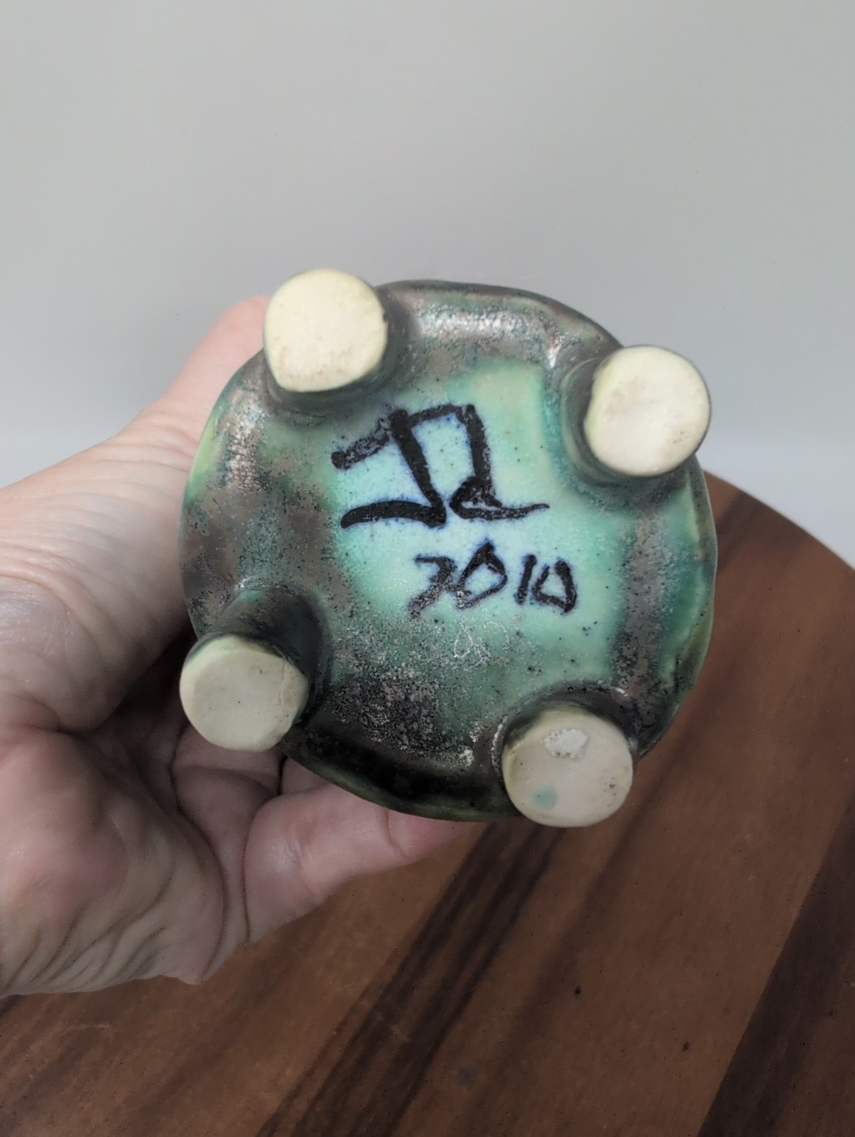 Green Whimsical Footed Polka Dot Studio Pottery Slab Vase Signed 2010