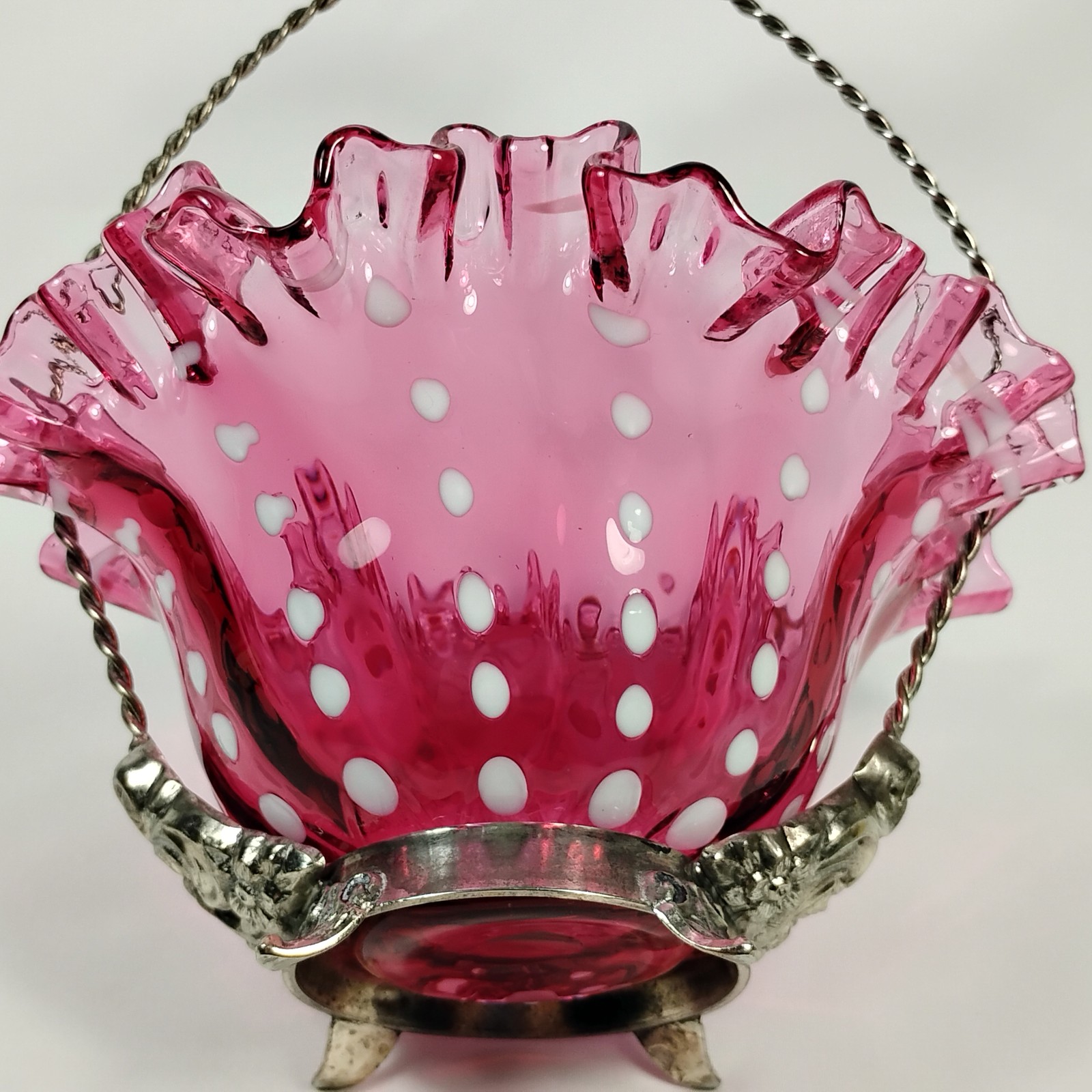 Cranberry Opalescent Polka Dot Blown Glass Basket Silver Plate Holder Ruffled